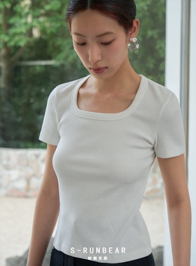S-RUN时润贝而 方领T恤修身弹力短袖