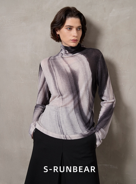 S-RUNBEAR时润贝而100羊毛高领毛衣打底衫女半高领水墨印花内搭