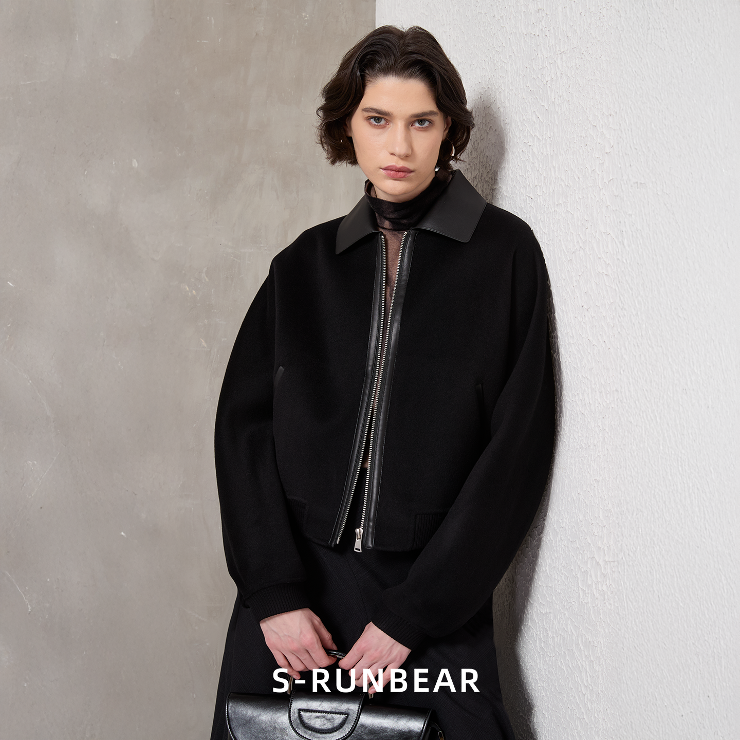 SR时润贝而皮领羊毛羊绒双面毛呢大衣外套短款上衣