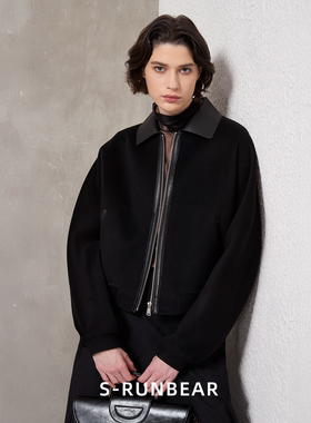 SR时润贝而皮领羊毛羊绒双面毛呢大衣外套短款上衣