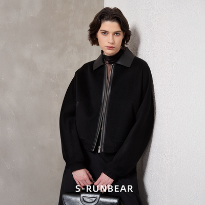 SR时润贝而皮领羊毛羊绒双面毛呢大衣外套短款上衣