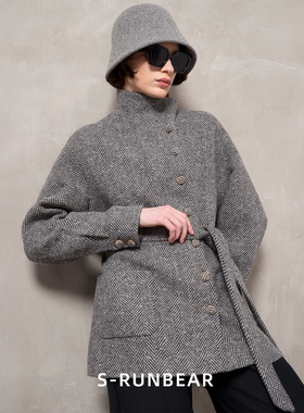 SR时润贝而人字纹毛呢大衣外套女中长秋冬新款设计师品牌
