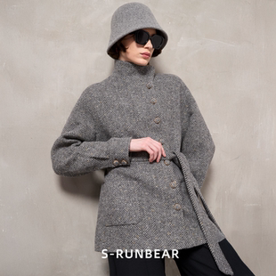 SR时润贝而人字纹毛呢大衣外套女中长秋冬新款设计师品牌