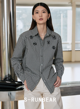 S-RUN时润贝而 镂空绣花格纹衬衫