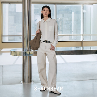 SR时润贝而无染棉籽壳弯刀牛仔裤 女 百搭原白色休闲长裤