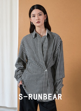 时润贝而秋冬格纹衬衫棉羊毛设计感通勤宽松不对称多穿纽扣衬衣