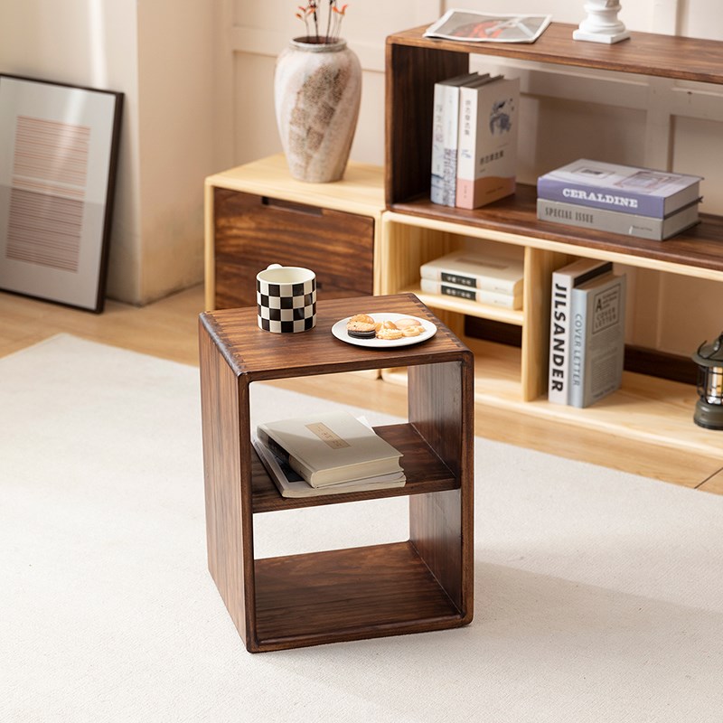 实木格子柜自由组合圆角飘窗书柜胡桃色隔断置物架书架落地收纳柜