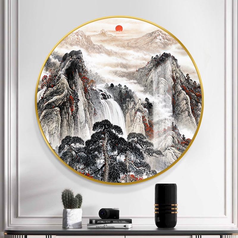 新中式入户玄关装饰画圆形山水画挂画过道书房茶室客厅背景墙壁画图片