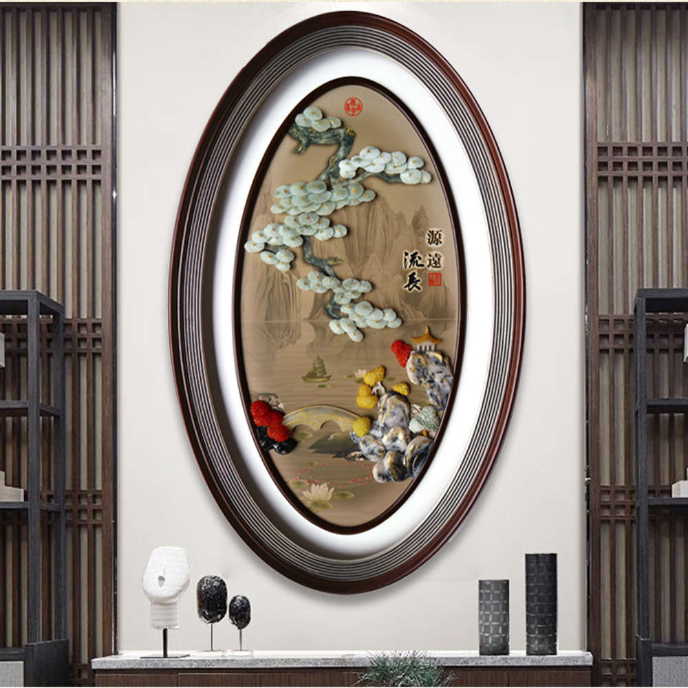 新中式入户玄关玉雕装饰画走廊过道客厅壁画实木浮雕餐厅竖版挂画图片