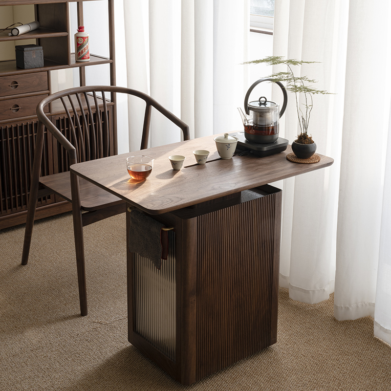 黑胡桃木小茶桌茶水柜一体茶台可移动阳台桌小户型客厅茶几沙发边