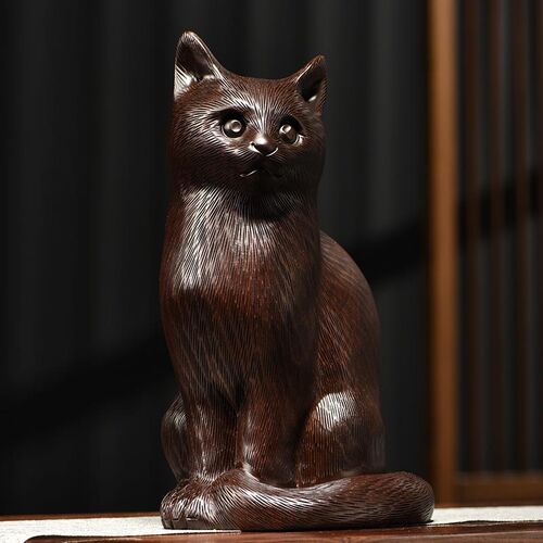 木雕小猫咪实木头雕刻动物家居客厅桌面办公司装饰女生小礼品