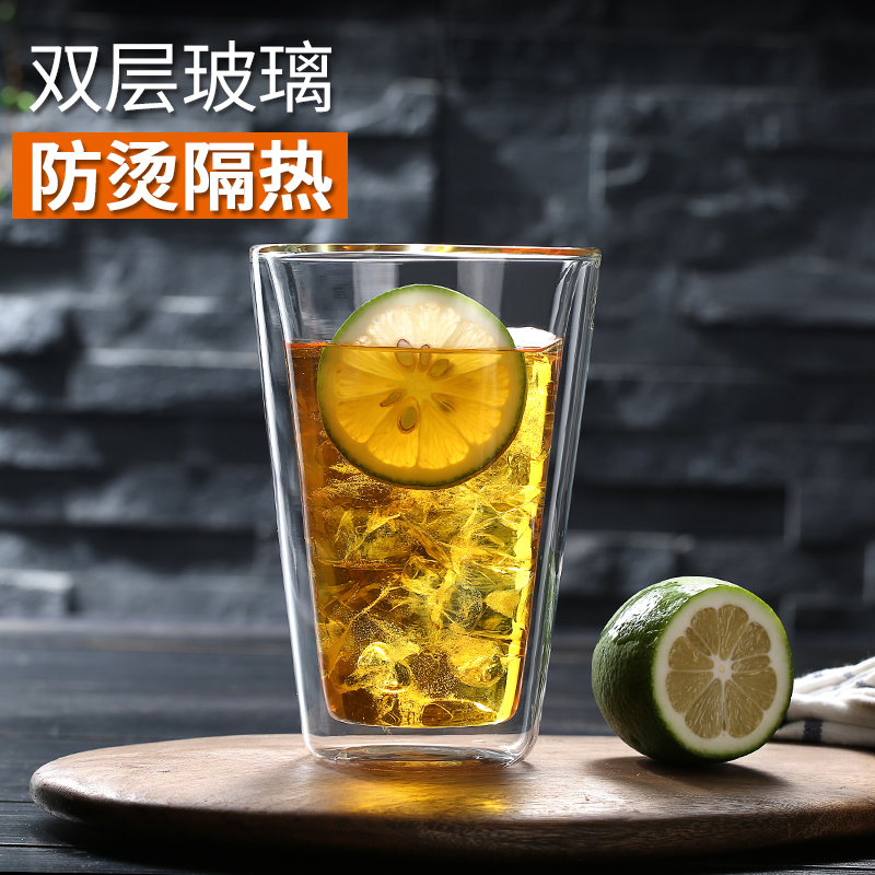 透明双层隔热玻璃杯 耐冷热卡布奇诺咖啡果汁玻璃杯 无手柄400ml