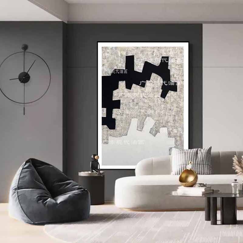 D.手工画向往侘寂风黑白抽象油画客厅沙发背景墙装饰挂画,家居饰品,现代装饰画,淘宝优惠券,粉丝福利购,淘宝优惠卷