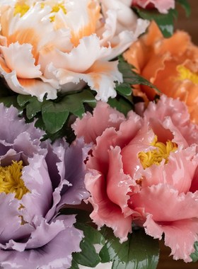 东方泥土《花开富贵》陶瓷手工牡丹花篮装饰品摆件办公室客厅桌面