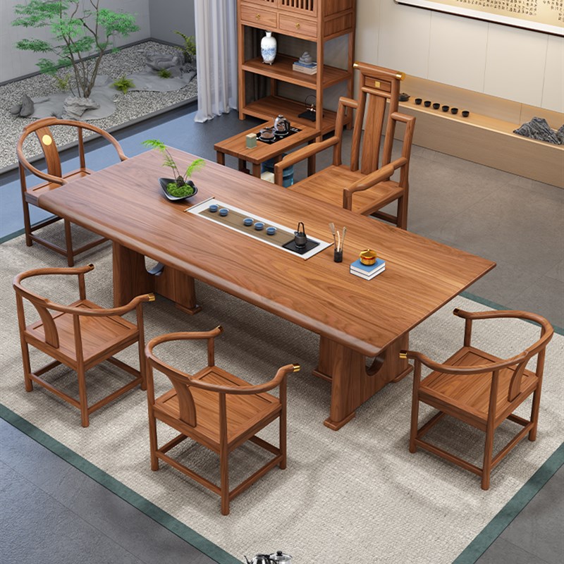 胡桃木喝茶桌椅组合一桌五椅办公室茶G几客厅家用新中式实木泡茶