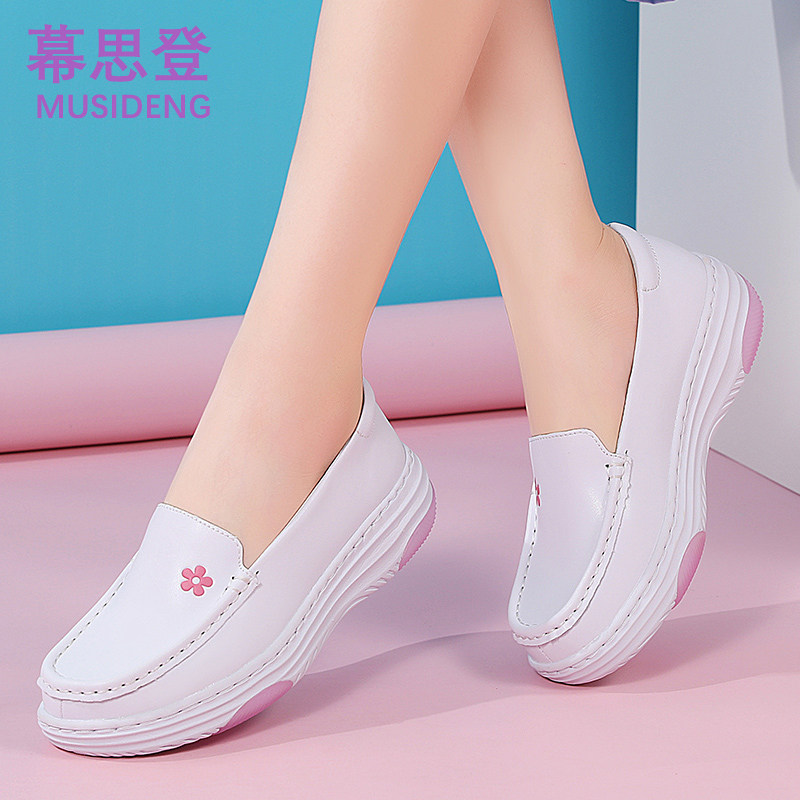 白色厚底坡跟乐福鞋女舒适一脚蹬