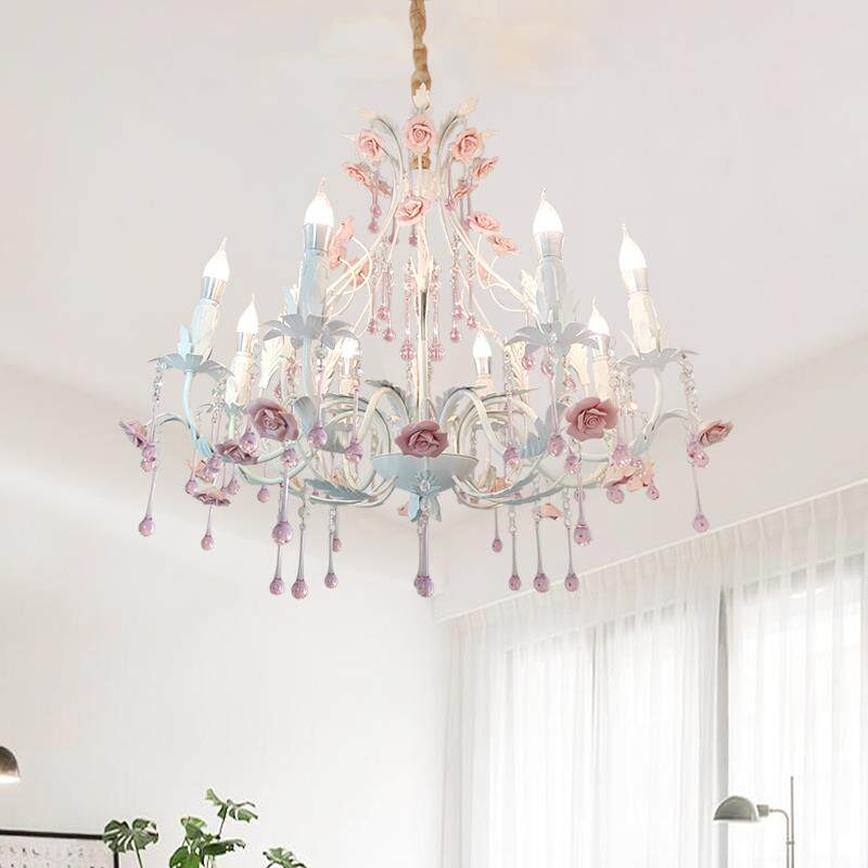 田园风格轻奢水晶吊灯铁艺花草店铺灯具韩式玫瑰客厅公主卧室灯饰