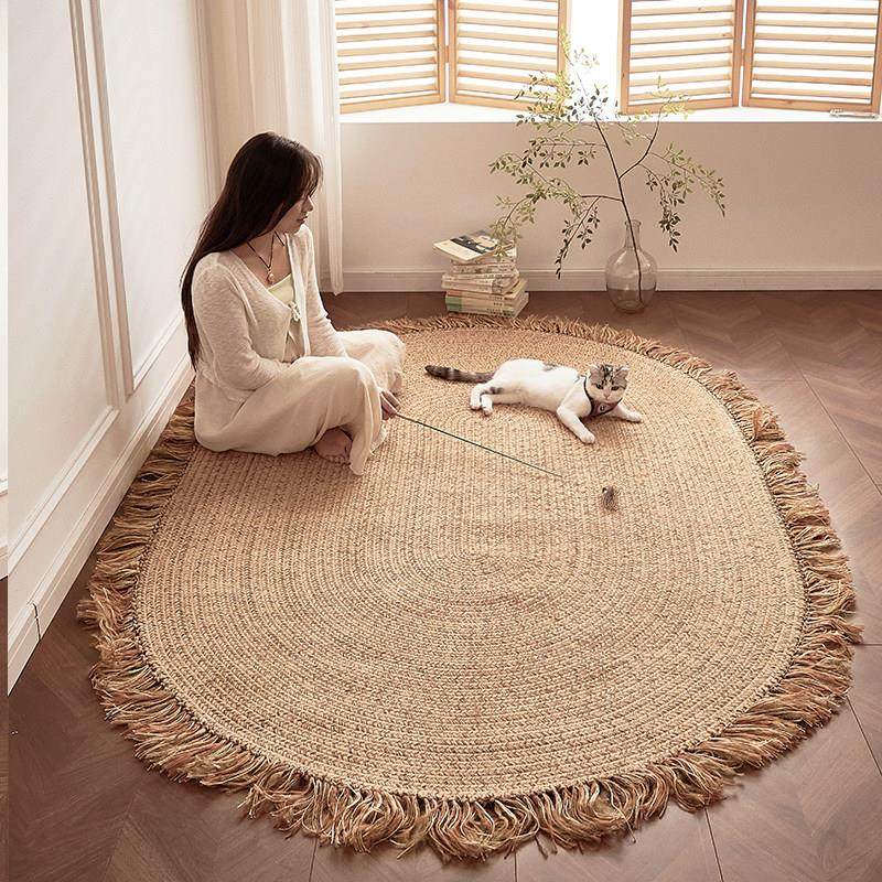 椭圆形黄麻流苏地毯客厅轻豪华零胶手工编织地板垫Wabi-Sabi风格,居家布艺,地毯,淘宝优惠券,粉丝福利购,淘宝优惠卷