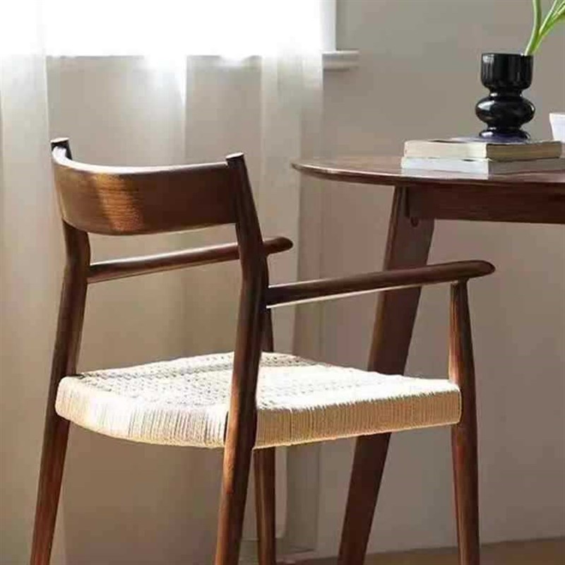 侘寂风白蜡木实木餐椅靠背藤编茶书桌椅子复古船桨扶手椅梳妆凳