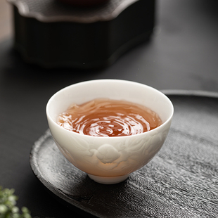 个人茶碗浮雕茶杯 冰种玉瓷主人杯高端轻奢品茗杯家用茶具单杯男士