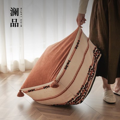 澜品岁檀橘红格子流苏可拆洗坐墩客厅墩子蒲团坐垫沙发垫凳子