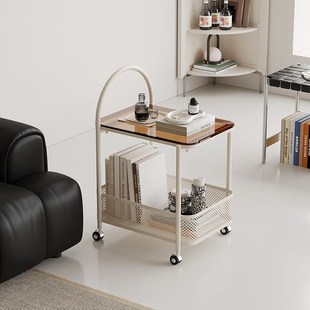 奶油风可移动小户型客厅沙发边几玻璃边桌小茶几卧室床头落地推车