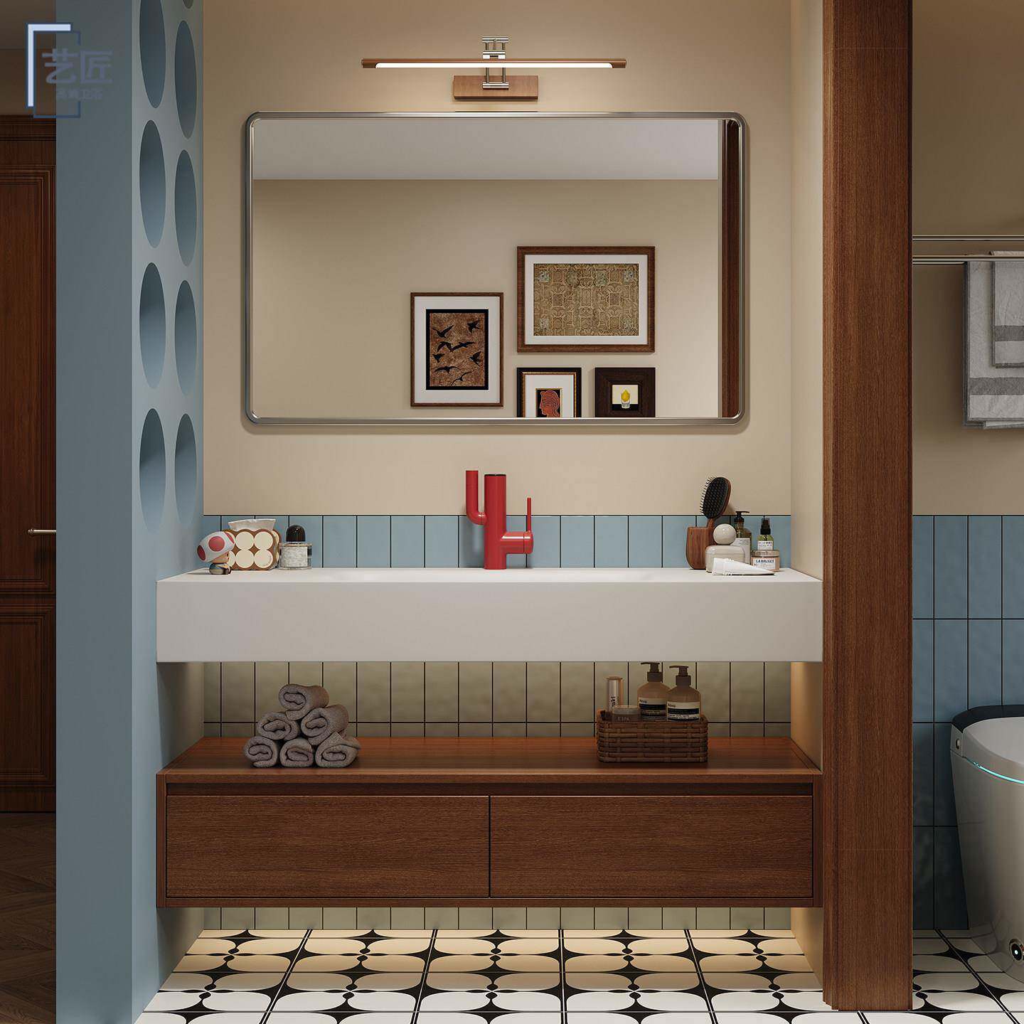 中古风分体岩板热弯一体盆胡桃色浴室柜组合卫生间洗脸手盆洗漱台