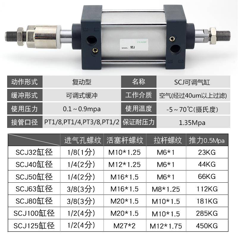 气动冲床大推力可调行程气缸SCJ32/40/50x75x100x125x150-50-100S