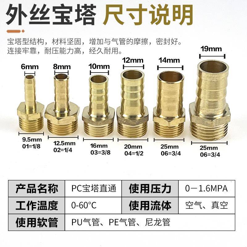 气动铜宝塔接头PC6-01 PC8-02 PC10-03 PC12-04 PC19-06 PC25-1寸