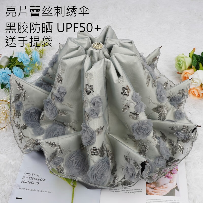 韩版太阳伞女防晒防紫外线蕾丝刺绣三折绣花遮阳黑胶公主晴雨两用