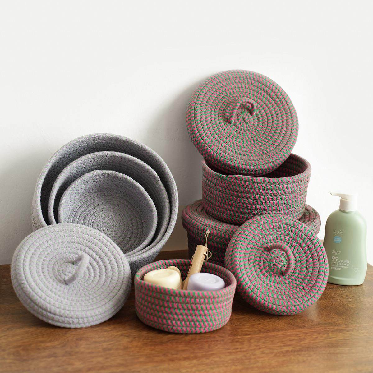 圆形收纳筐三件套 手工编织防尘杂物收纳篮 北欧风棉线布艺收纳盒,收纳整理,其他收纳篮,淘宝优惠券,粉丝福利购,淘宝优惠卷