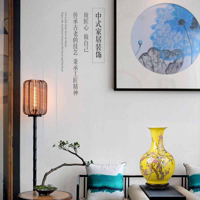 景德镇陶瓷器花瓶摆件黄色赏瓶客厅插花中式家居电视柜装饰品瓷瓶