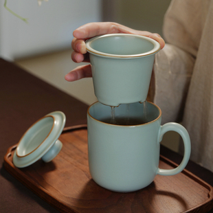 汝窑办公杯陶瓷茶杯带盖过滤功夫茶泡茶水杯大容量景德镇青瓷礼品