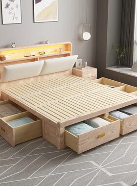 大床2202米加宽白全实木m体×1主卧木气压蜡20米0储物箱高箱35床.