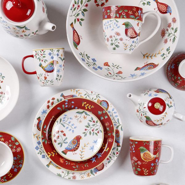 OMK 欧式红色花鸟餐盘个性餐厅餐具创意马克杯咖啡杯陶瓷餐具套装