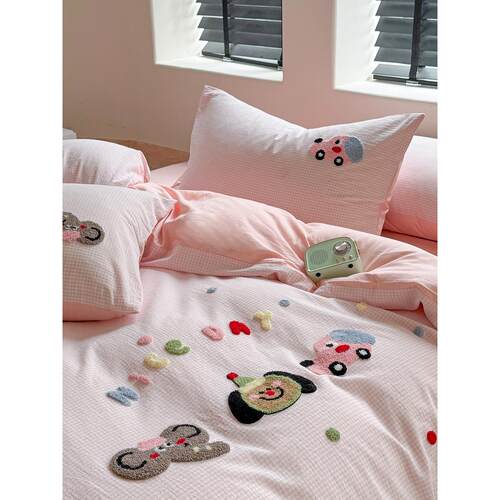 在耳边｜全棉水洗棉立体毛巾刺绣卡通可爱四件套床单纯色简约床笠