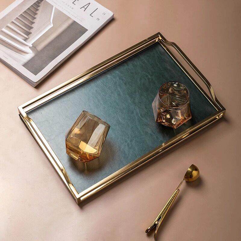 北欧ins风轻奢金色把手托盘高级感家用皮革金属茶盘创意茶具收纳