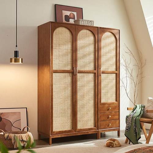 实木藤编衣柜日式侘寂覆古风家用卧室收纳柜小户型收纳组合大衣橱
