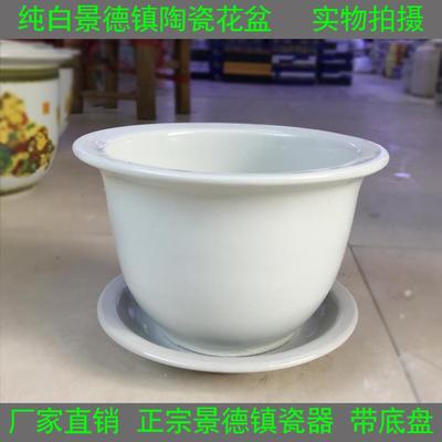 纯白色陶瓷花盆多规格圆形带托盘家居盆栽花卉盆景德镇大口径花盆