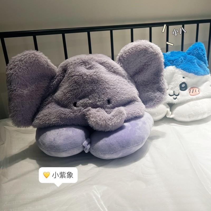 可爱紫色小飞象U型枕连帽女学生办公室午睡旅行枕便携可爱护颈枕