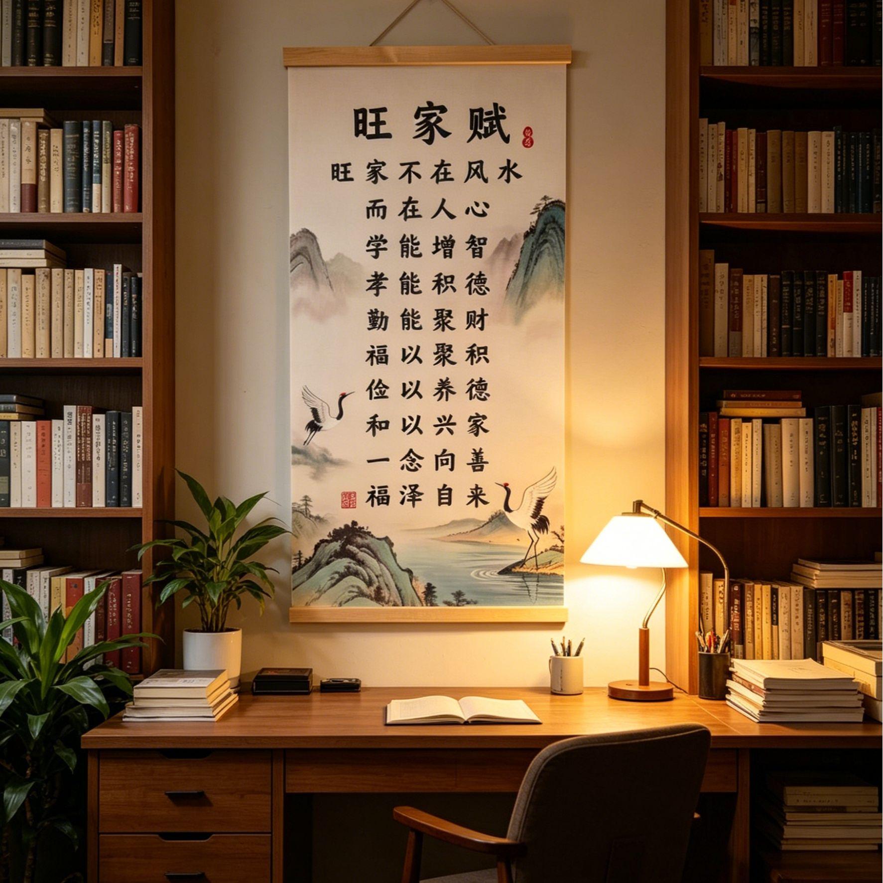 【下单立减50】新款旺家赋挂画书房客厅背景墙励志实木挂轴画_YB1