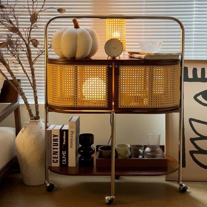 中复古实木藤编可移动推车沙发茶边几法式小户型客厅收纳置物架子