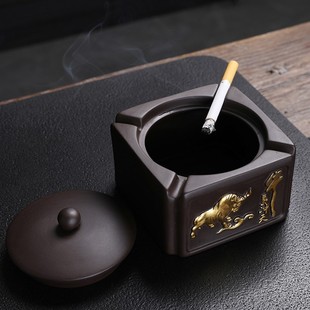 防飞灰家用客厅车载酒店饭店大号定制牛年 紫砂烟灰缸带盖创意个性