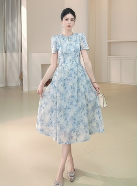 宝总时尚优雅收腰修身名媛宴会显瘦轻奢圆领设计感连衣裙21778