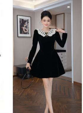 【花花原创】法式气质优雅休闲风连衣裙小黑裙收腰长袖45437