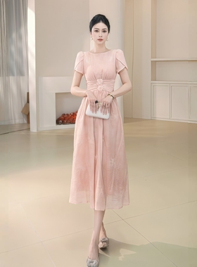 宝总时尚优雅收腰修身名媛宴会显瘦轻奢圆领设计感连衣裙21858