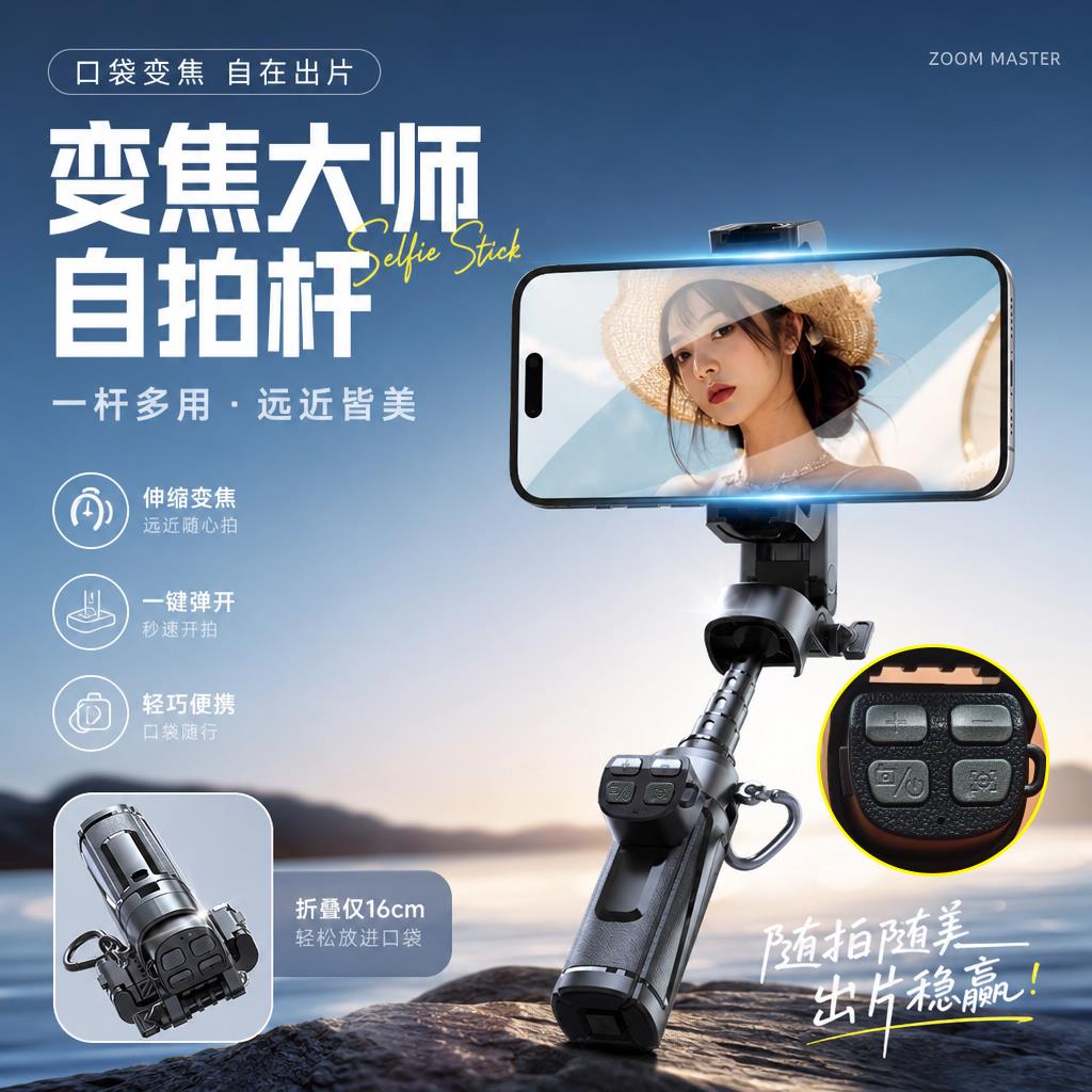 抖音爆款P25Y遥控可调焦手机自拍杆手持拍照四脚架防抖伸缩自拍杆