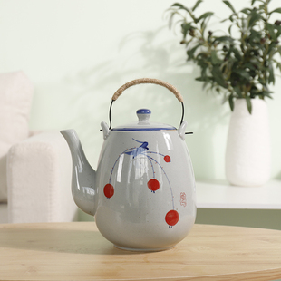 粗陶2升1.5升提梁壶餐厅泡茶壶家用凉水壶 陶瓷大茶壶手绘复古日式
