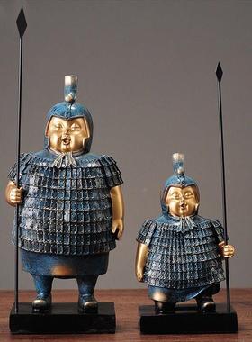 中式西安兵马俑q版胖将军摆件办公室桌面汽车摆件树脂铜泊工艺品