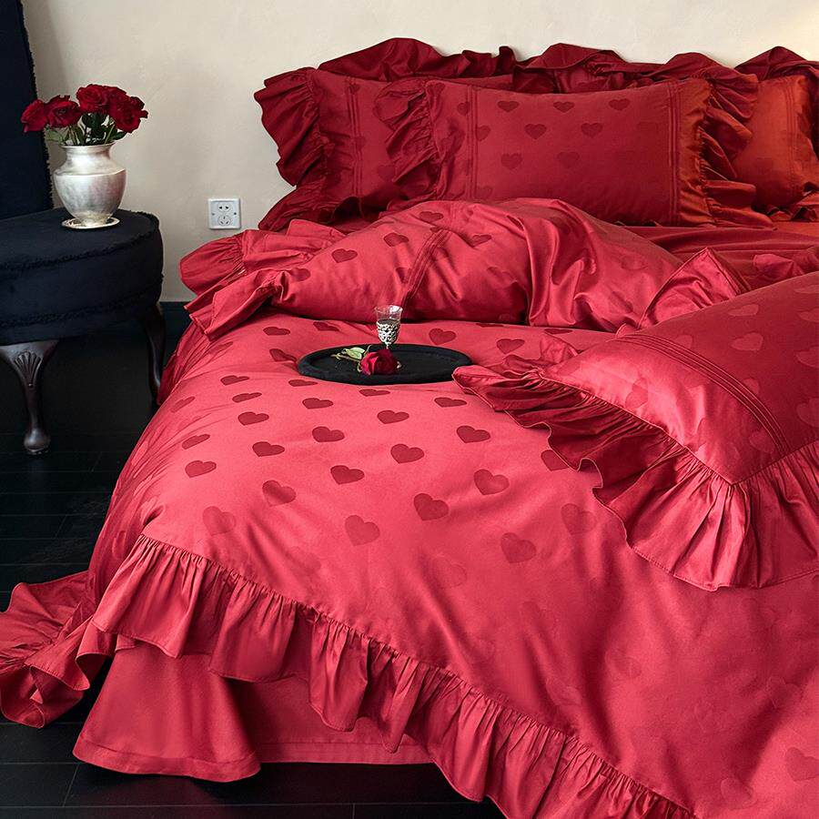 法式花边爱心提花新婚庆四件套红色全棉浪漫少女结婚被套床单床笠